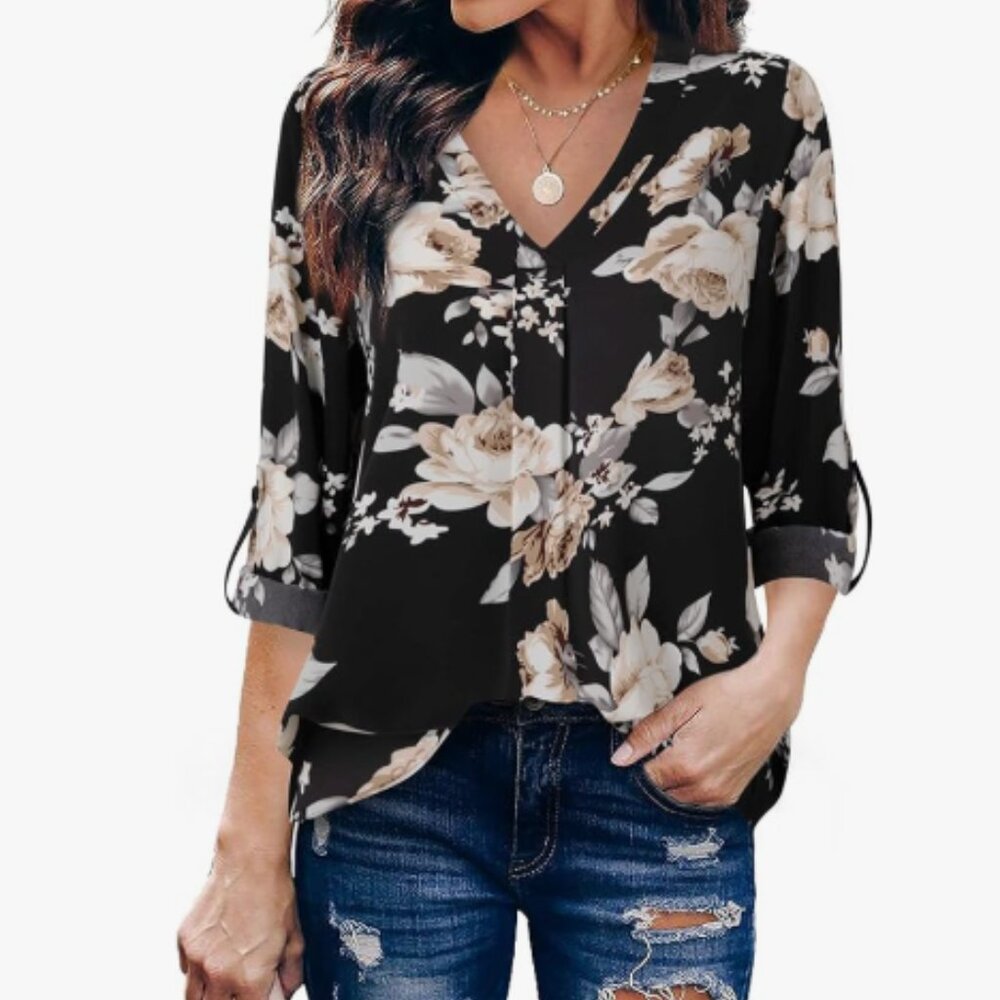 Youtalia Womens 3/4 Cuffed Sleeve Chiffon Printed V Neck Casual Blouse Shirt - S